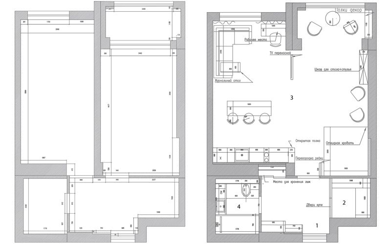 Перепланировка однокомнатной квартиры 55 кв.м